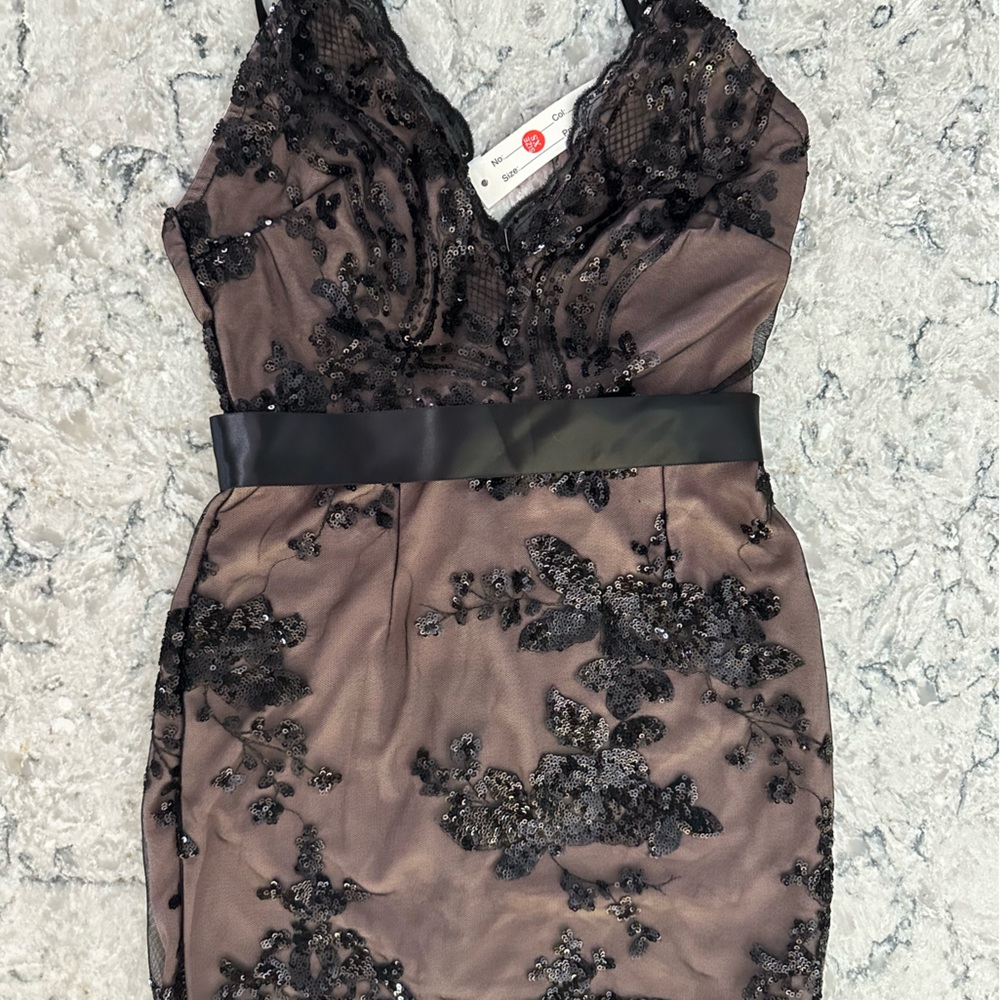 Sexy night club dress, black lace and sequins with nude lining